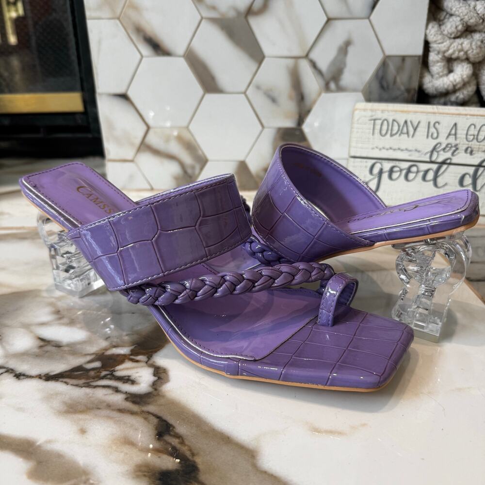 Camssoo Women's Purple Croc Embossed Heels Size 41 Lucite Heel Toe Ring Slip‎ On